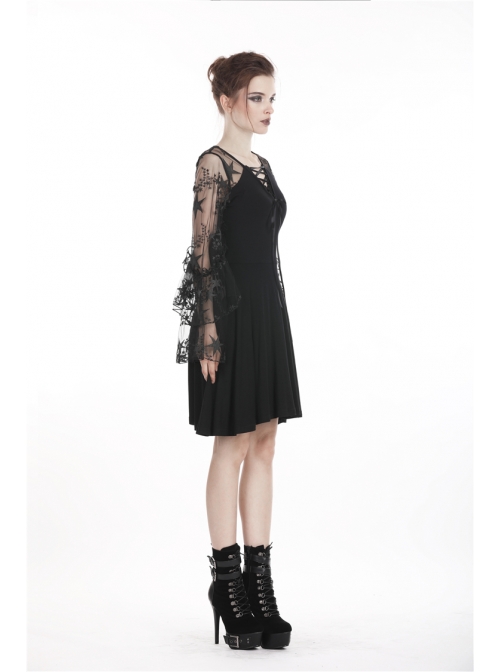 Black Lace-Up Star Embroidery Lacey Casual Gothic Dress