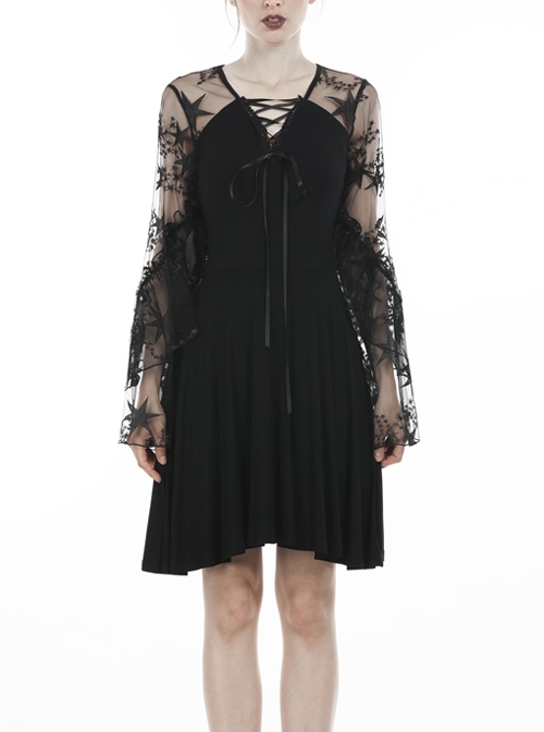 Black Lace-Up Star Embroidery Lacey Casual Gothic Dress