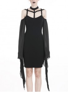 Black Off-Shoulder Lace-Up Sexy Tulle Sleeves Tight Gothic Dress