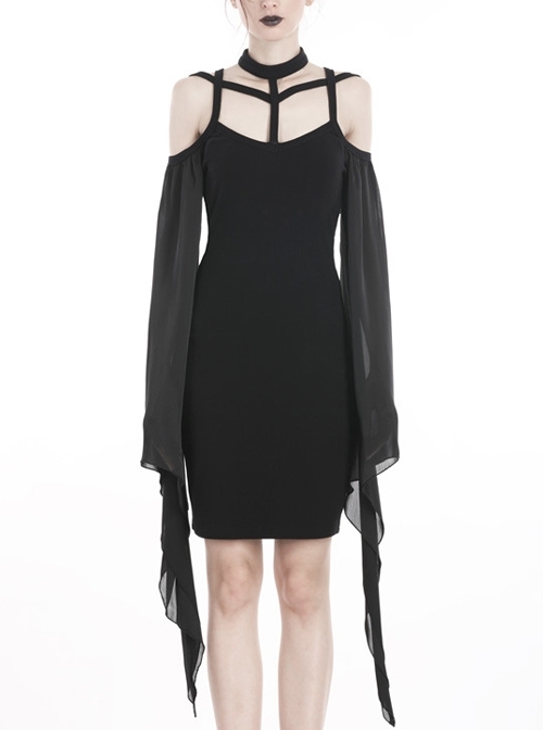 Black Off-Shoulder Lace-Up Sexy Tulle Sleeves Tight Gothic Dress
