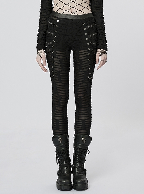 Black Webbing Metal Ring Double Layer Gothic Sexy Stretch Slim Leggings