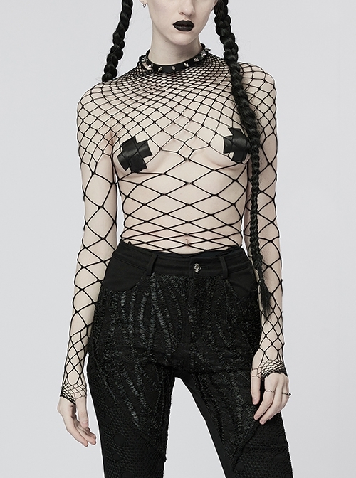 Black Super Stretch Soft Rhombus Mesh Minimalist Punk One Piece Long Sleeve T-Shirt