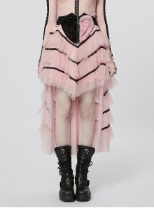 Peach Heart Embroidered Layered Mesh And Skull Pendant Zipper Black And Pink Punk Skirt