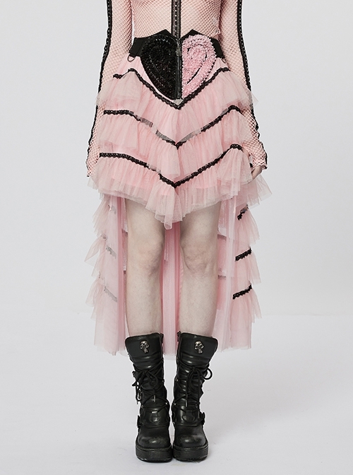Peach Heart Embroidered Layered Mesh And Skull Pendant Zipper Black And Pink Punk Skirt