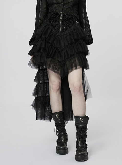 Peach Heart Embroidered Layered Mesh And Skull Pendant Zipper Black Punk Skirt
