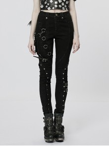 Detachable Leg Bag With A Variety Of Metal Elements Black Old Punk Style Elastic Trousers