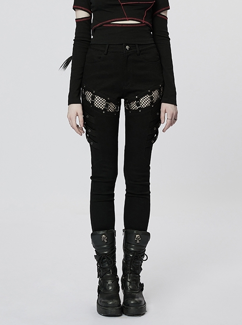 Black Diamond Mesh Japanese Buckle Metal Hardware Punk Sexy Stretch Leggings