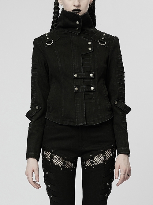 Slant Pocket Washed Distressed Stretch Punk Black Doomsday Denim Jacket