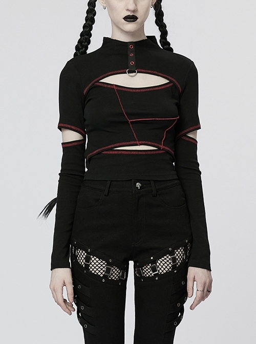 Contrasting Color Splicing Chain Hollow High Neck Ribbon Punk Style Black And Red Elastic Comfortable T-Shirt