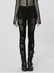 Detachable Black Strands Double-Layered Stretch-Paneled Mesh Sexy Punk Leggings With Adjustable Leg Buttons