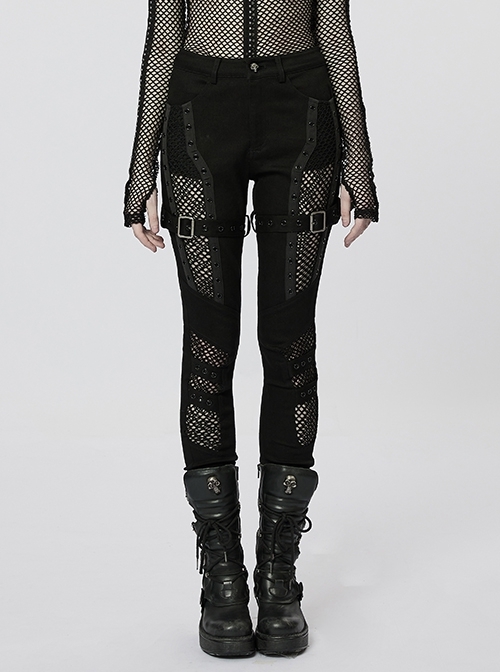 Detachable Black Strands Double-Layered Stretch-Paneled Mesh Sexy Punk Leggings With Adjustable Leg Buttons