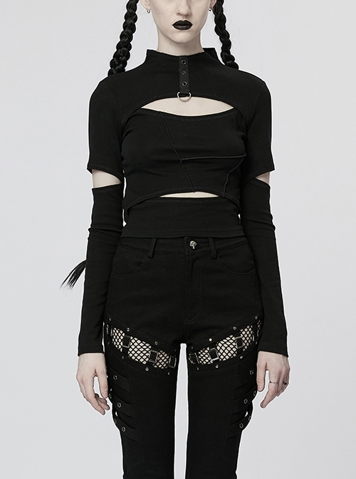 Black Stitching Chain Cutout Turtleneck Ribbon Punk Style Stretch Comfortable T-Shirt
