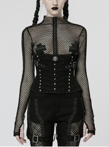 Twill Old Fashioned Metal Ghost Head Side Zip Rope Doomsday Punk Black Corset