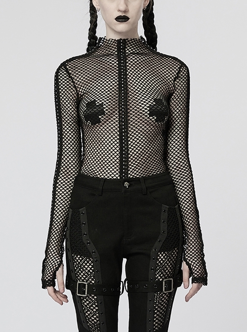 Black Punk Style Sexy T-Shirt With See-Through Rhombus Mesh Elastic Webbing