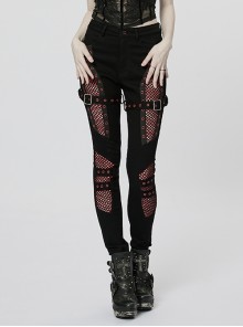 Black And Red Stretch Denim Fabric With Detachable Leg Buckles Punk-Style Sexy Leggings