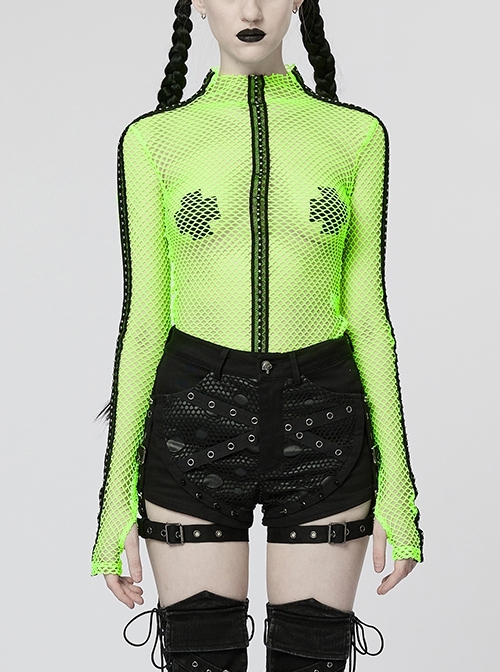 Green Perspective Mesh Elastic Ribbon Punk Style Sexy Slim T-Shirt