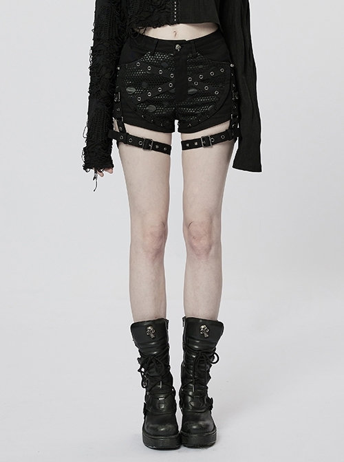 Detachable Adjustable Ring Destroyed Mesh-Paneled Faux Leather Eyelets Web Trim Black Punk Shorts