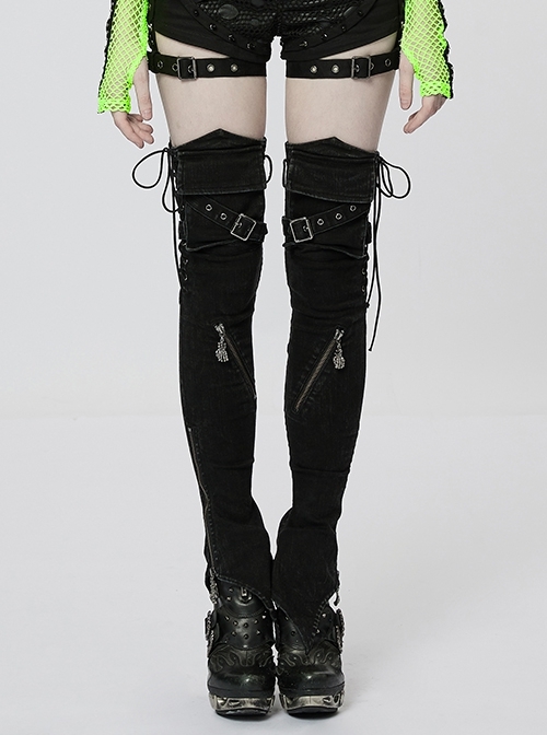 Adjustable Drawstring Opening Ghost Claw Zipper Stretch Denim Slim Fit Black Punk Leg Warmers