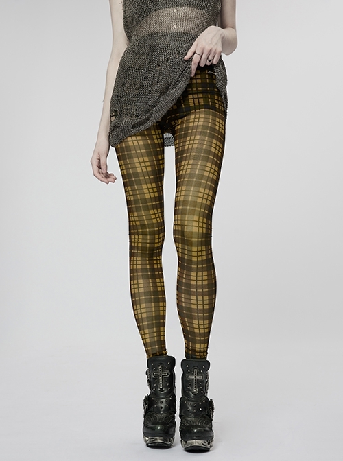Perspective Black And Yellow Plaid Print Elastic Punk Simple Leggings