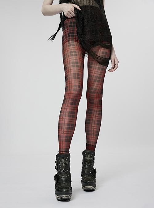 Perspective Black And Red Plaid Print Elastic Punk Simple Leggings