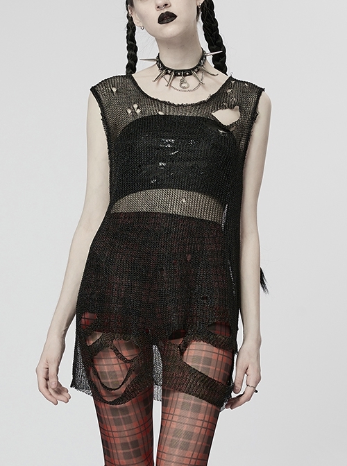 Black Unconventional Faux Sheen Silk Punk Ripped Sweater