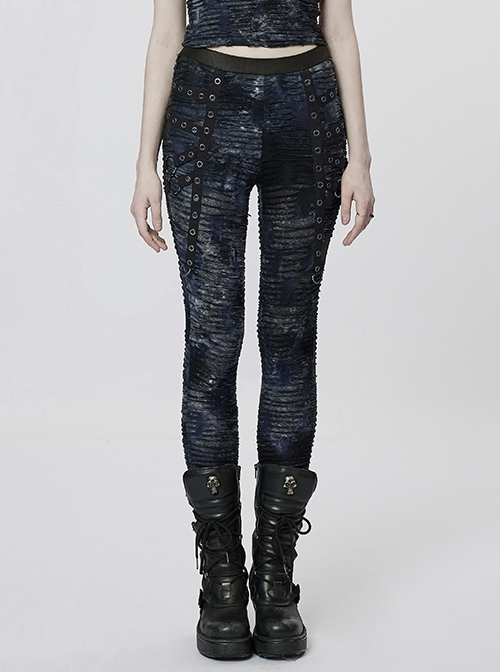 Black And Blue Webbing Metal Loop Stretch Slim Fit Gothic Leggings