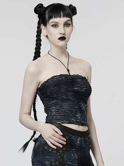 Halter Neck Elastic Hole Black Blue Gothic Style Daily Corset