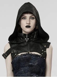 Crackled Leather Adjustable Elastic Ghost Head Pendant Metal Studs Black Gothic Hooded Shoulder Harness