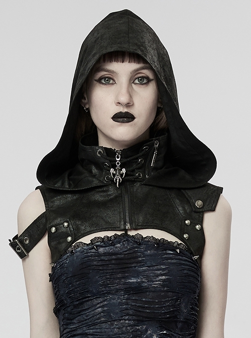 Crackled Leather Adjustable Elastic Ghost Head Pendant Metal Studs Black Gothic Hooded Shoulder Harness