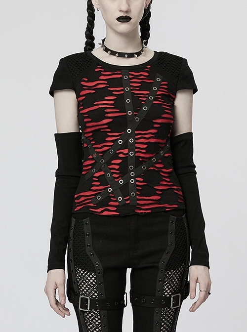 Black And Red Stretch Cross Ribbon Punk Detachable Sleeve T-Shirt