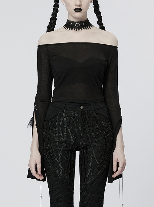 Black Stretch Knit Bell Cuffs Metal Chain Gothic Low Neck T-Shirt