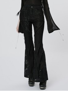 Black Symmetrical Lace Stretch Fit Gothic Flared Long Pants