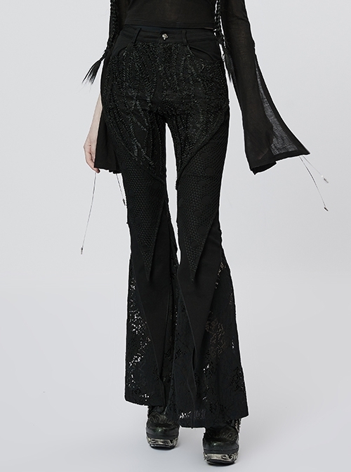 Black Symmetrical Lace Stretch Fit Gothic Flared Long Pants