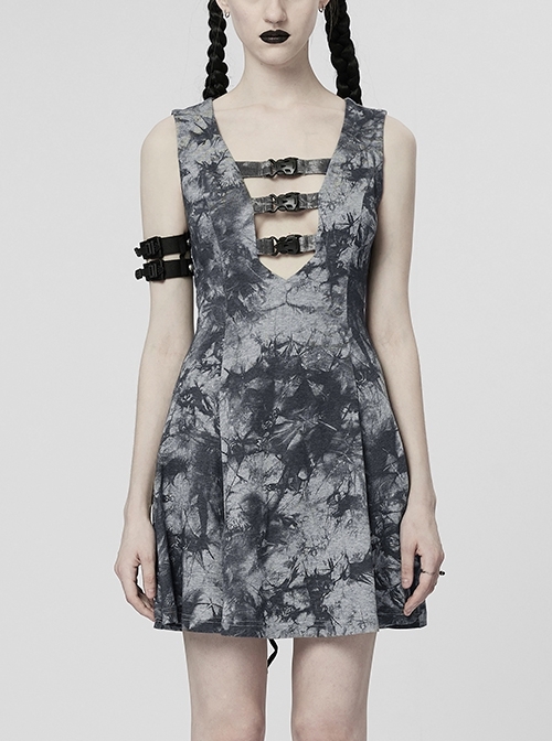 Gray Sexy Low Neck Sleeveless Velvet Ribbon Punk Dress