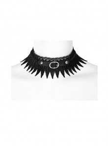 Black Pointed Metal Rivets Adjustable Size Non-Detachable Gothic Feather Choker