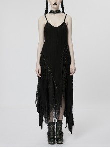 Black Perforated Rope Drawn Knit Stitching Irregular Mesh Gothic Dress