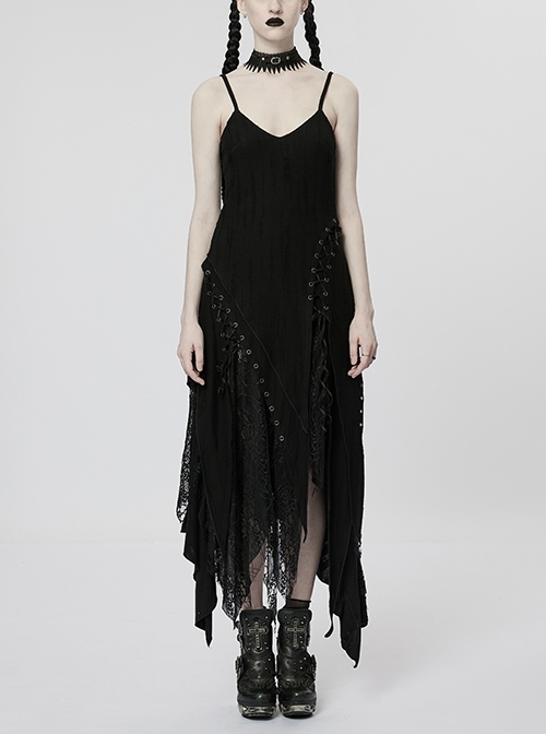Black Perforated Rope Drawn Knit Stitching Irregular Mesh Gothic Dress