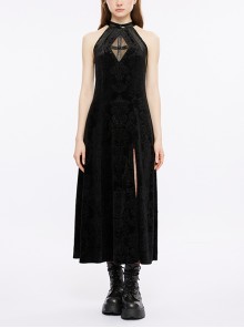 Slit Embossed Velvet Halter Neck Black Gothic Sleeveless Dress