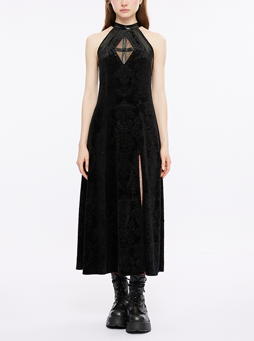 Slit Embossed Velvet Halter Neck Black Gothic Sleeveless Dress