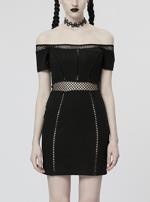 Black One-Neck Stitching Elastic See-Through Punk Style Sexy Slim Dress