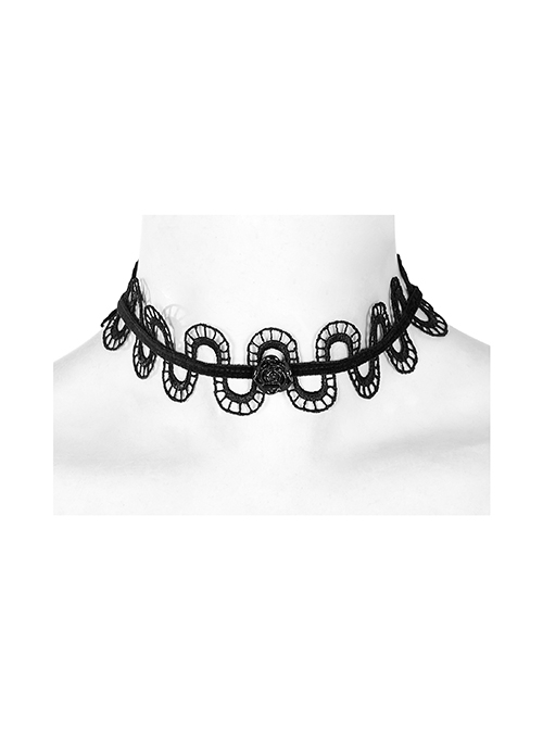 Black High Cool Adjustable Delicate Serpentine Hollow Rose Decoration Gothic Choker