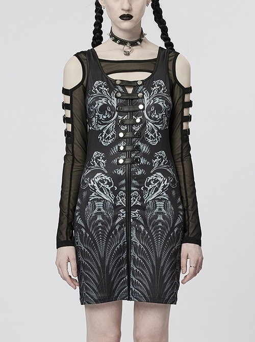 Separate Two-Piece Metal Stud Stretch Knit Black Punk Sexy Dress