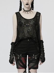 Finger Sleeves Paired With A Black Double Mesh Paneled Skull Pattern Punk Vest