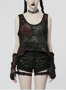Finger Sleeves Paired With A Black And Red Double Mesh Paneled Skull Pattern Punk Vest