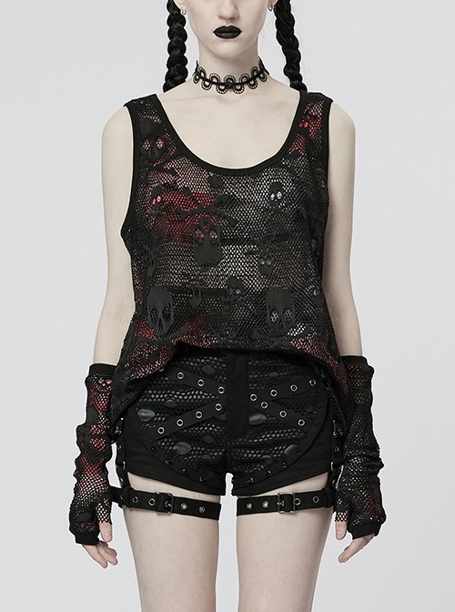 Finger Sleeves Paired With A Black And Red Double Mesh Paneled Skull Pattern Punk Vest
