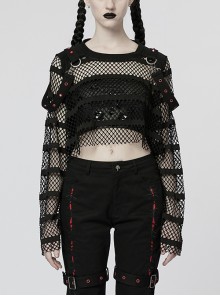 Metal Stud Striped Rhombus Stretch Sheer Black Punk Style Loose Mesh T-Shirt
