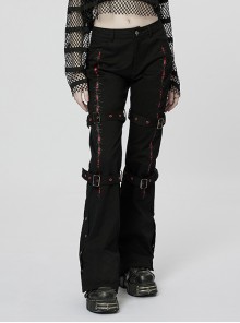 Black and Red Stylized Embroidered Leg Adjustable Gothic Embroidered Flared Pants