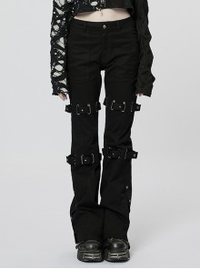 Black Elastic Character Trousers With Detachable Active Tab Creative Punk Style Flared Pants