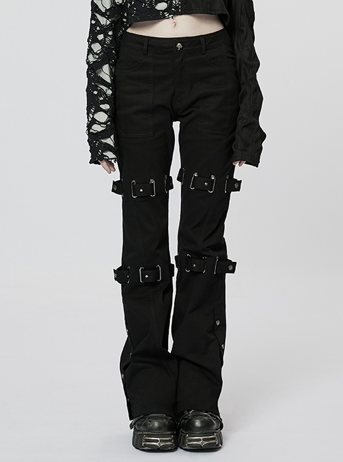 Black Elastic Character Trousers With Detachable Active Tab Creative Punk Style Flared Pants