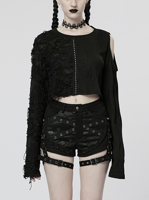Loose Hole Mesh Stitching Vertical Stripes Lace Webbing Decoration Black Gothic Style Splicing Long Sleeves T-Shirt